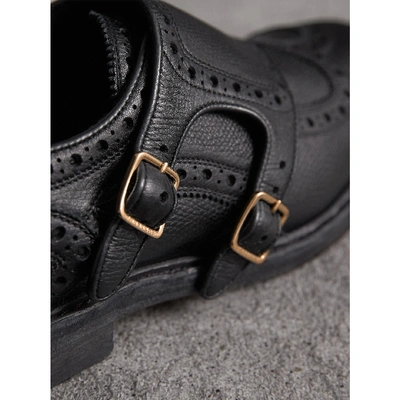 Shop Burberry Brogue Detail Textured Leather Monk Shoes In Black