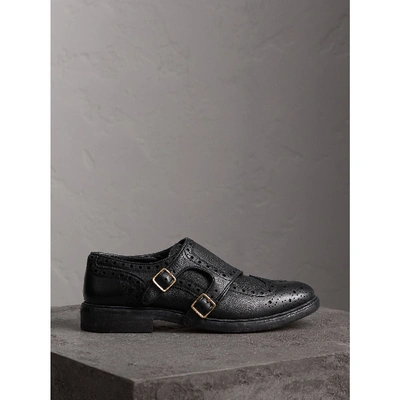 Shop Burberry Brogue Detail Textured Leather Monk Shoes In Black