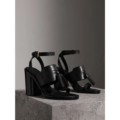 Shop Burberry Tasselled Leather Block-heel Sandals In Black