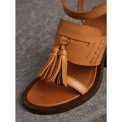 Shop Burberry Tasselled Leather Block-heel Sandals In Amber