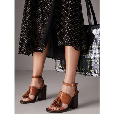 Shop Burberry Tasselled Leather Block-heel Sandals In Amber
