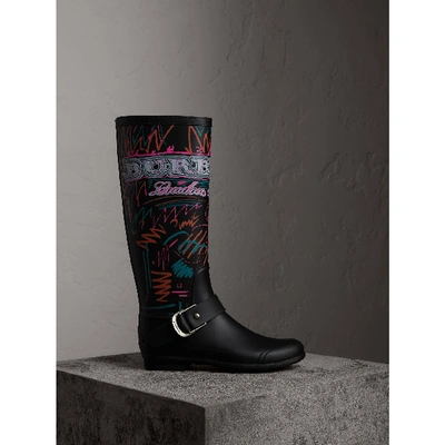 Shop Burberry Doodle Print Rubber Rain Boots In Black