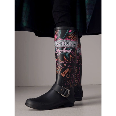 Shop Burberry Doodle Print Rubber Rain Boots In Black