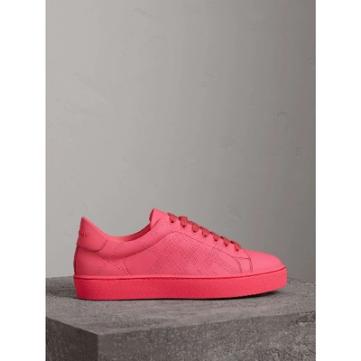 Shop Burberry Perforated Check Leather Sneakers In Neon Pink