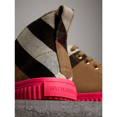 Shop Burberry Canvas Check And Leather High-top Sneakers In Classic Check