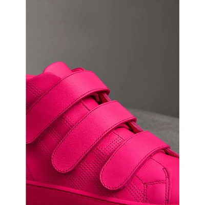 Shop Burberry Perforated Check Leather High-top Trainers In Neon Pink