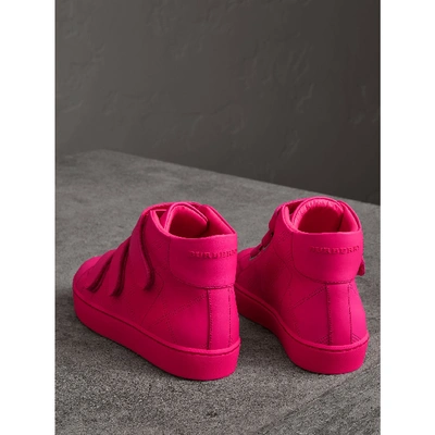 Shop Burberry Perforated Check Leather High-top Trainers In Neon Pink