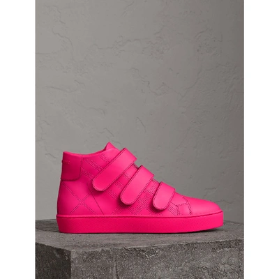 Shop Burberry Perforated Check Leather High-top Sneakers In Neon Pink