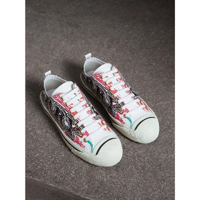 Shop Burberry Doodle Print Coated Cotton Trainers In Optic White