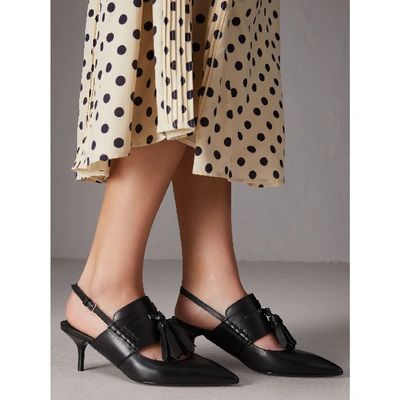 Shop Burberry Tassel Detail Leather Kitten-heel Sandals In Black