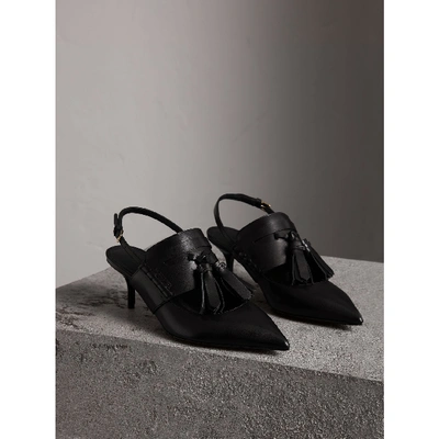 Shop Burberry Tassel Detail Leather Kitten-heel Sandals In Black
