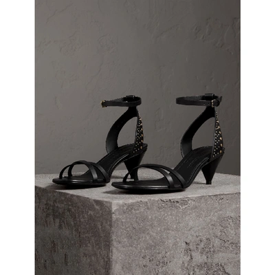 Shop Burberry Riveted Leather Cone-heel Sandals In Black