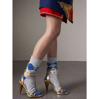 Shop Burberry Riveted Metallic Leather High Cone-heel Sandals In Gold