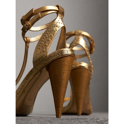 Shop Burberry Riveted Metallic Leather High Cone-heel Sandals In Gold