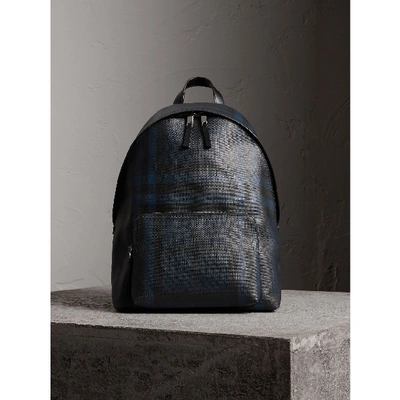 Shop Burberry Leather Trim London Check Backpack In Navy/black