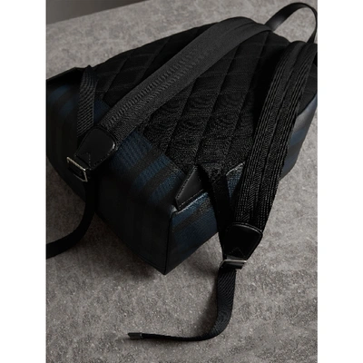 Shop Burberry Leather Trim London Check Backpack In Navy/black