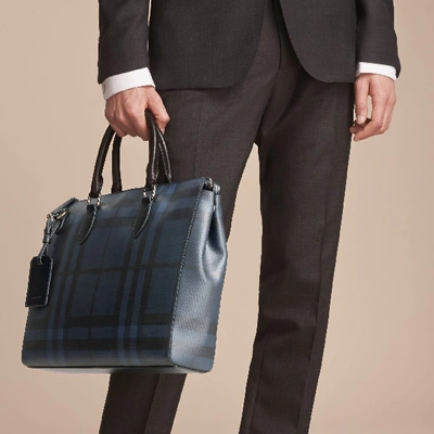 Shop Burberry Large London Check Briefcase In Navy/black