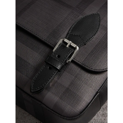 Shop Burberry Medium Leather Trim London Check Messenger Bag In Charcoal/black