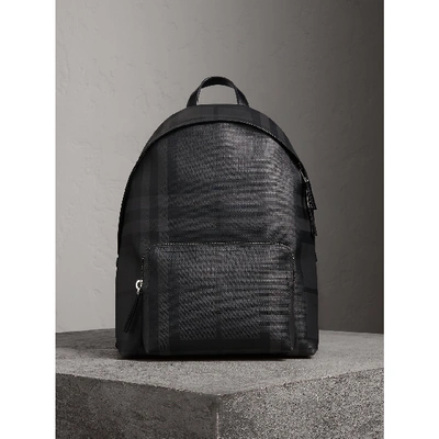 Shop Burberry Leather Trim London Check Backpack In Charcoal/black