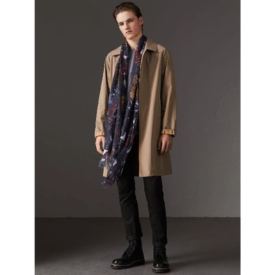 Shop Burberry Beasts Print And Check Linen Scarf In Chalk Blue