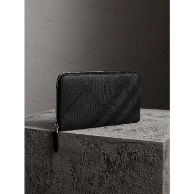 Shop Burberry London Check Ziparound Wallet In Charcoal/black