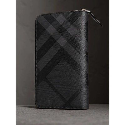 Shop Burberry London Check Ziparound Wallet In Charcoal/black