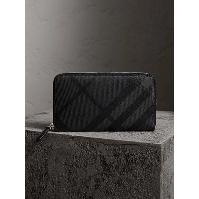 Shop Burberry London Check Ziparound Wallet In Charcoal/black