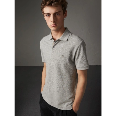 Shop Burberry Check Placket Cotton Piqué Polo Shirt In Pale Grey Melange
