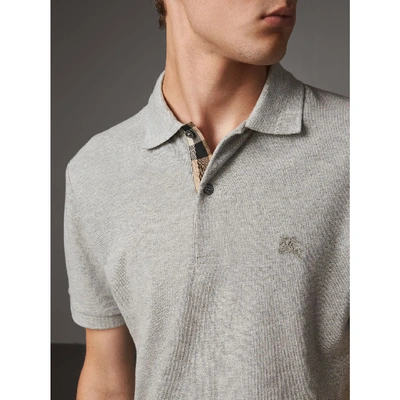 Shop Burberry Check Placket Cotton Piqué Polo Shirt In Pale Grey Melange