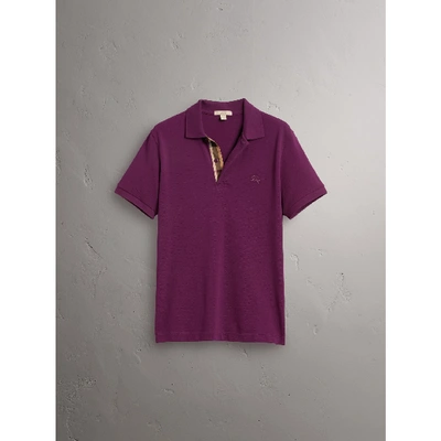 Shop Burberry Check Placket Cotton Piqué Polo Shirt In Deep Purple Amethyst