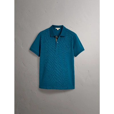 Shop Burberry Check Placket Cotton Piqué Polo Shirt In Mineral Blue