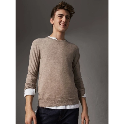 Shop Burberry Check Jacquard Detail Cashmere Sweater In Camel Melange