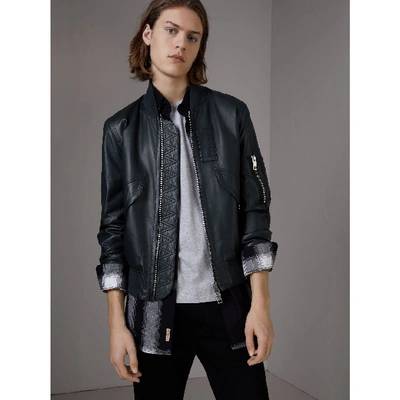 Burberry Lambskin Bomber Jacket In Navy | ModeSens