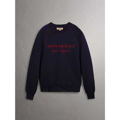 Shop Burberry Embroidered Jersey Sweatshirt In Navy