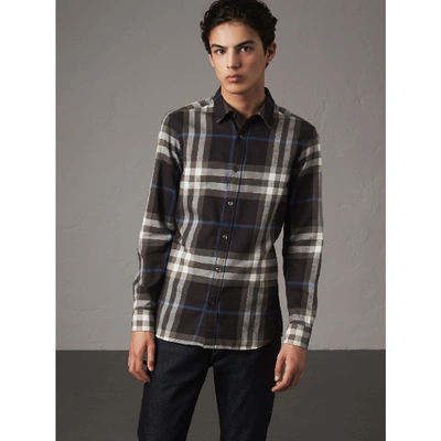 Shop Burberry Check Cotton Flannel Shirt In Black