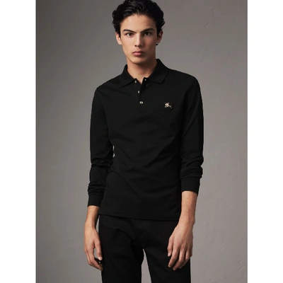 Shop Burberry Long-sleeve Cotton Piqué Polo Shirt In Black