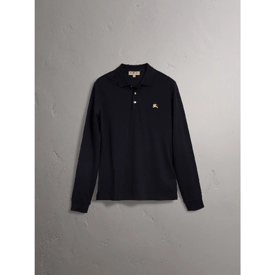 Shop Burberry Long-sleeve Cotton Piqué Polo Shirt In Navy