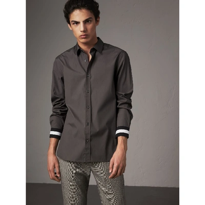 Shop Burberry Striped Cuff Stretch Cotton Shirt In Stone Grey