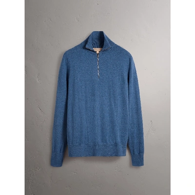 Shop Burberry Zip-neck Cashmere Cotton Jumper In Steel Blue