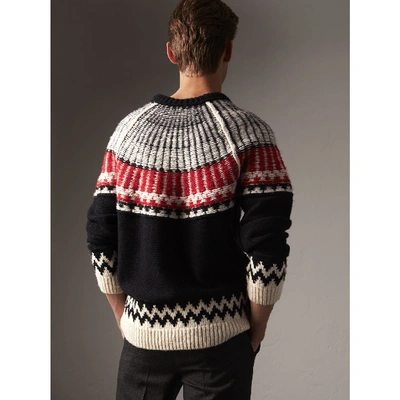 Shop Burberry Fair Isle Wool Cashmere Sweater In Black/ Military Red