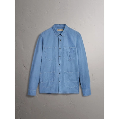 Shop Burberry Japanese Denim Work Shirt In Light Blue