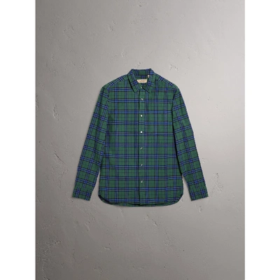 Shop Burberry Check Cotton Shirt In Forest Green