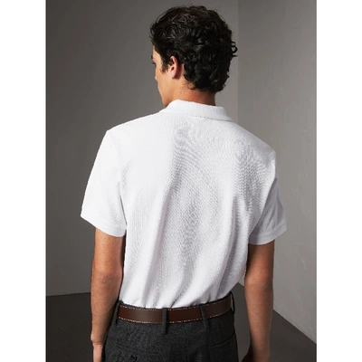 Shop Burberry Tartan Trim Cotton Piqué Polo Shirt In White