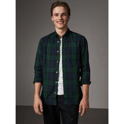 Shop Burberry Check Cotton Shirt In Navy