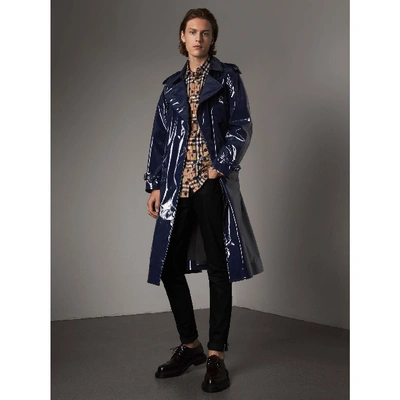 Shop Burberry Laminated Cotton Trench Coat In Navy