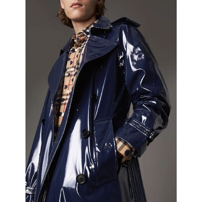 Shop Burberry Laminated Cotton Trench Coat In Navy
