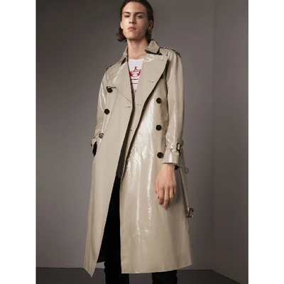 Shop Burberry Laminated Cotton Gabardine Trench Coat In Stone