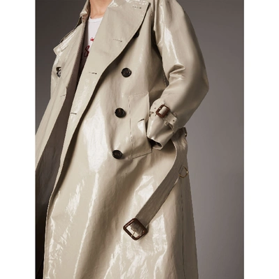 Shop Burberry Laminated Cotton Gabardine Trench Coat In Stone