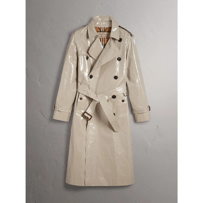 Shop Burberry Laminated Cotton Gabardine Trench Coat In Stone