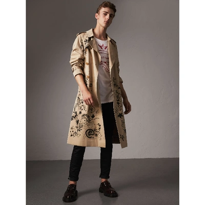 Burberry Doodle Print Cotton Gabardine Trench Coat In Beige Multi | ModeSens